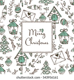 Christmas and New Year card with Christmas decorations. Hand drawn.