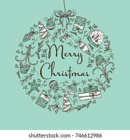 Christmas and New Year card with Christmas decorations and present. Vector hand drawn illustration