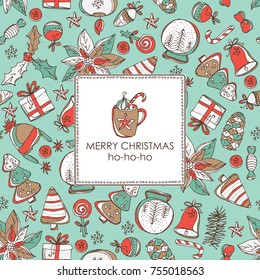 Christmas and New Year card with Christmas decorations and present. Vector hand drawn illustration