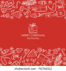 Christmas and New Year card with Christmas decorations and present. Vector hand drawn illustration
