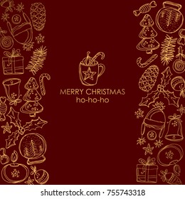 Christmas and New Year card with Christmas decorations and present. Vector hand drawn illustration