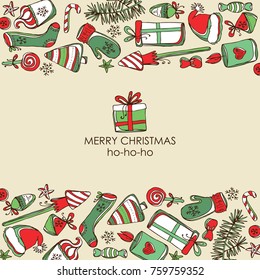 Christmas and New Year card with Christmas decorations and present. Vector hand drawn illustration