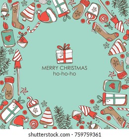 Christmas and New Year card with Christmas decorations and present. Vector hand drawn illustration