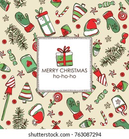 Christmas and New Year card with Christmas decorations and present. Vector hand drawn illustration