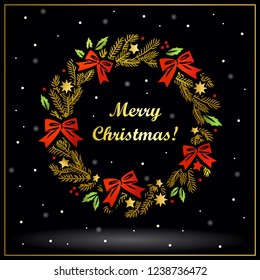 Christmas and New Year card with decorative wreath. Vector illustration on black snowy background.