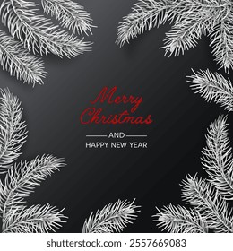 Christmas and New Year card. Decorative frame with snowy white fir branches in your design. Vector banner design