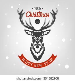 Christmas and New Year card with deer. Vector EPS8 illustration. 