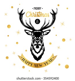 Christmas and New Year card with deer. Vector EPS8 illustration. 