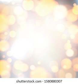 Christmas and New Year card with defocused ligths on silver. Vector blurred background.