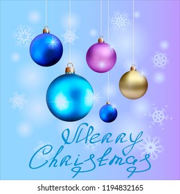 Christmas and new year card design. Realistic shiny Christmas toys. Vector illustration.