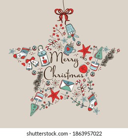 Christmas and New Year card design with Christmas decorations and holly tree. Vector hand drawn illustration