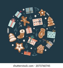 Christmas and New Year card design. Gift boxes and gingerbread cookies in circle . Greeting Christmas card, invitation