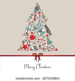 Christmas and New Year card design with Christmas decorations and holly tree. Vector hand drawn illustration