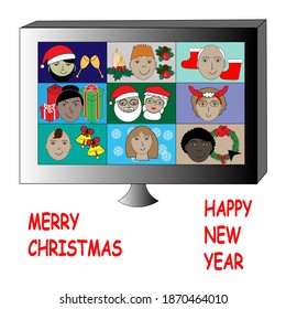 Christmas or New Year card during coronavirus pandemic. People communicate via video conference. Christmas decorations are everywhere.