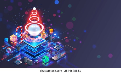 Christmas and New Year card in electronic technology style. Isometric christmas tree with decorations, over chip or cpu on pcb circuit board. Congratulations Christmas card electronic technology.