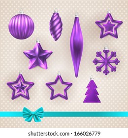 Christmas and New year card elements. Set of christmas toy balls - violet