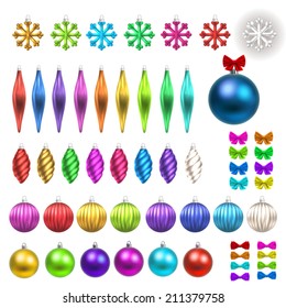Christmas and New year card elements. Set of toy balls and ribbon bows