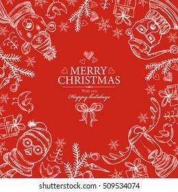 Christmas and New Year card with Christmas elk , owl, bear and Christmas decorations. Hand drawn . Hand drawn 