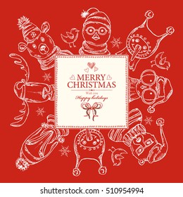 Christmas and New Year card with Christmas elk , owl, bear, fox and snowman. Hand drawn 