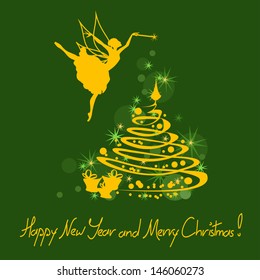 Christmas and New Year card with fairy, tree and greeting text