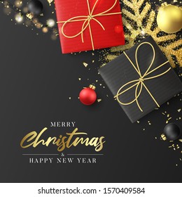 Christmas and New Year card. Festive background with realistic black and red gift boxes, light garland, Christmas balls, golden confetti and snowflake. Vector illustration.