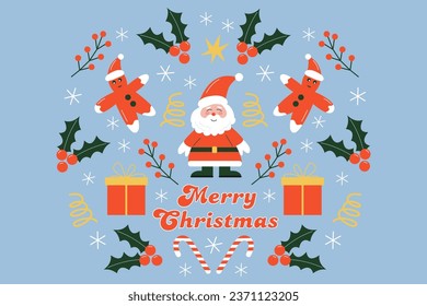 Christmas or new year card with festive elements. Santa, toys, gifts, bell, reindeer, candy.Holiday design for greeting card, invitation, cover, calendar. Vector illustration