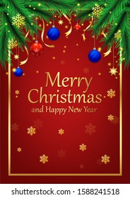 Christmas and New Year card with fir branches and a composition of festive elements such as red and blue balls, decorative stars, golden snow flake. Vector illustration glitter decoration.