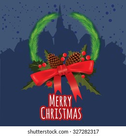 Christmas and New Year card, fir branches, red bow, pine cones, berries, on a background of urban houses, vector banner illustration