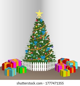 
christmas new year card with flat style isometric illustration: tree decorated with a glowing garland, beads, toys, snowflakes, deer, a star on top, with colorful gift boxes with bows, white fence