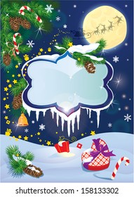 Christmas and New Year card with flying rein deers on sky background with glossy winter frames with snowdrifts and icicles, fir tree branches and presents.