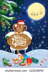 Christmas and New Year card with flying reindeers on sky background with owl, wooden frame, fir tree branches and presents. 