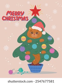 A Christmas and New Year card with a funny cute cat. A pet cat is sitting in a Christmas tree, playing with toys and hitting them. Flat hand-drawn pattern for a winter holiday print