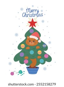 A Christmas and New Year card with a funny cute cat. A pet cat is sitting in a Christmas tree, playing with toys and hitting them. Flat hand-drawn pattern for a winter holiday print