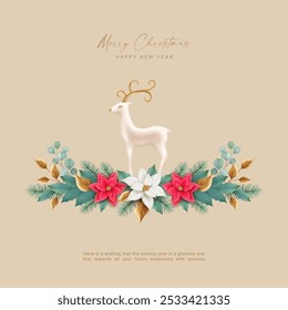 Christmas and New Year card. Christmas garland with Christmas deer, fir branches and flowers, golden leaves and Christmas decor