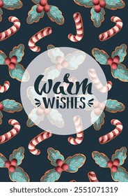 Christmas and New Year card with gingerbread cookies in the form of candy cane and holly. Vector illustration for greeting card, postcard, poster.
