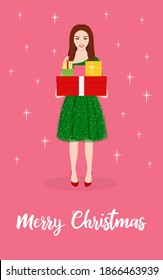 Christmas or new year card with a girl holding boxes of gifts. Handwritten text "Merry Christmas". Vector stock illustration is ready to print. Template for greeting cards, posters, banners