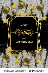 Christmas and New Year Card with Gold Geometric Frame