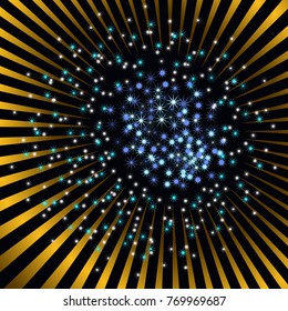 Christmas and New Year card - Gold stripes and blue, violet and white stars in a circle on black background