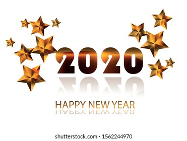 Christmas and New Year card. Golden letters and stars with white background. 2020. Merry Christmas and Happy New Year. Vector EPS10.