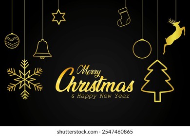 Christmas and new year card with golden hanging christmas and new year element decoration in black background