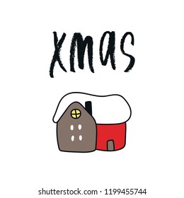 Christmas and New Year card with hand drawn lettering and cute winter house. Vector illustration for cards, posters, t-shirts, etc.