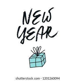 Christmas and New Year card with hand drawn lettering and gift boxe. Vector illustration for cards, posters, t-shirts, etc.