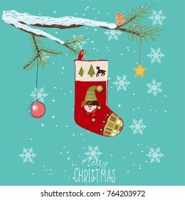 Christmas and new year card with hand lettering, Xmas decoration and  elements. Illustration can be used as a greeting card, poster or print.