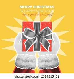 Christmas and New Year card. Hands of Santa Claus holds or shows gift box on palms. Christmas or New Year collage with halftone effect hands. Vector illustration with cut out elements of collage.