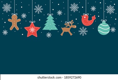 Christmas and New Year card with hanging decorations and falling snowflakes. Vector illustration.