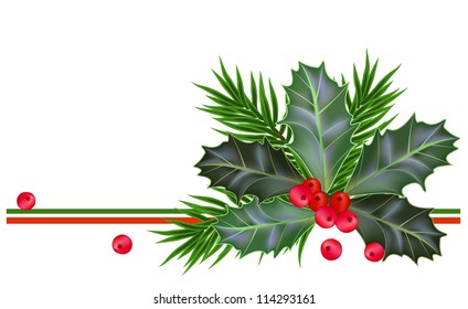 Christmas and New Year card with holly leaves and berries