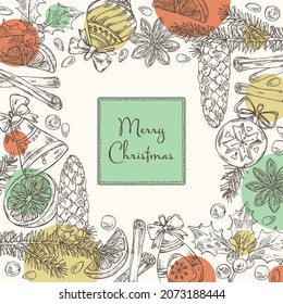 Christmas and New Year card with holly tree branch with cone, holly plant, orange, star anise, cinnamon and christmas decoration. Vector hand drawn illustration.