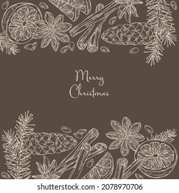 Christmas and New Year card with holly tree branch with cone, star anise, cinnamon and orange. Vector hand drawn illustration.