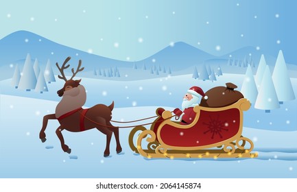 Christmas or New Year card in horizontal view. Santa Claus and Reindeer are carrying Christmas gifts in a sack through the snow in a sleigh. Vector illustration in cartoon style	
