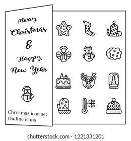 Christmas and New Year card.The Christmas icon set. It are outline icon and illustration. 